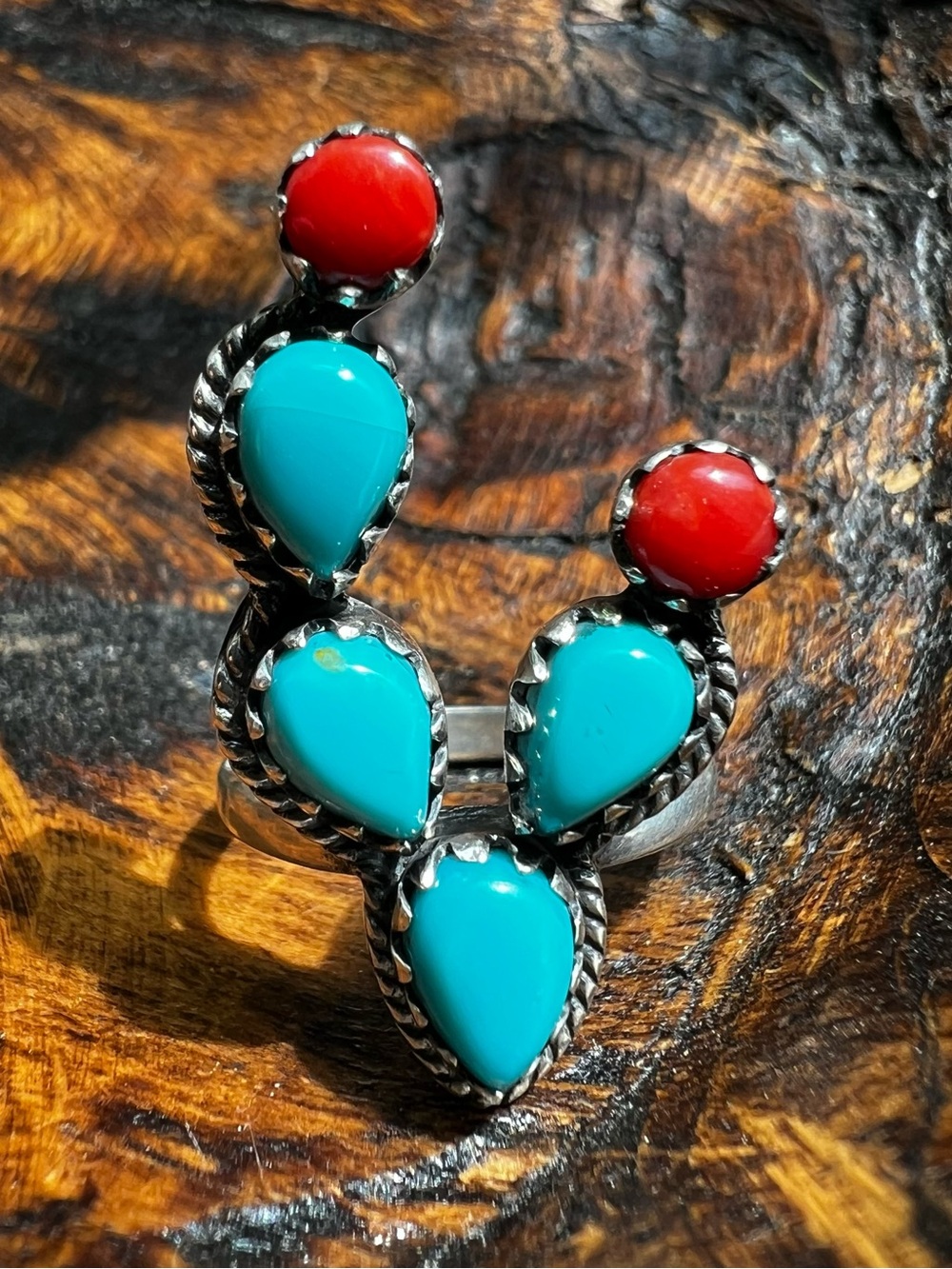 Sterling Kingman Turquoise Italian Coral Cactus Ring Size 8.5